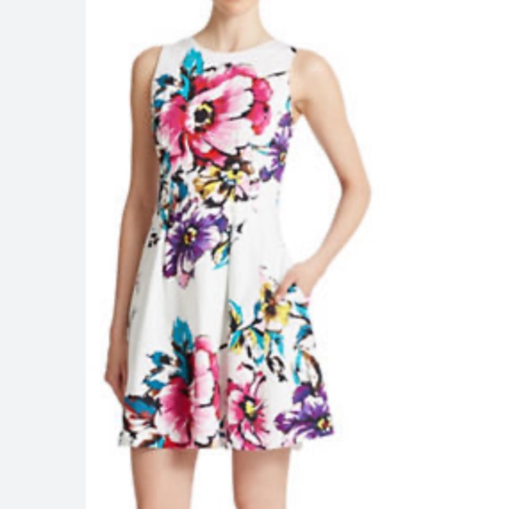 Vince Camuto Womens White With Multi Floral Sleeveless Lined Dress
